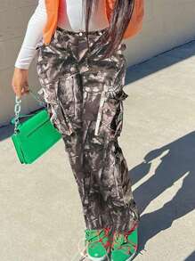 Multi-Color Printed Straight Leg High Waist Casual Cargo Pants With Pockets - 咖啡棕 - 查看 2