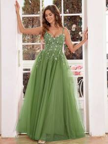 闪亮长款舞会礼服，3D 花朵手工珠饰，精致蕾丝舞会礼服，系带后背细肩带 V 领女士正式晚会礼服，亮片贴花晚礼服，及地长款返校节礼服，适合青少年 - 橄欖綠 - 查看 5