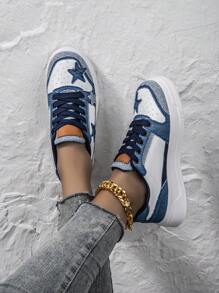 Giày thể thao đế dày thiết kế hình ngôi sao vải trung tính mùa xuân thời trang giản dị buộc dây cho nữ - Xanh và trắng - Xem 4
