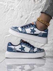 Giày thể thao đế dày thiết kế hình ngôi sao vải trung tính mùa xuân thời trang giản dị buộc dây cho nữ - Xanh và trắng - Xem 3