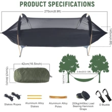 Camping Hammock Tent With Mosquito Net And Rain Fly 1 Person Backpacking Bivvy Ground Tent With Tree Strap Swing Heavy Rain Waterproof Lightweight 440lbs - 橄欖綠 - 查看 2