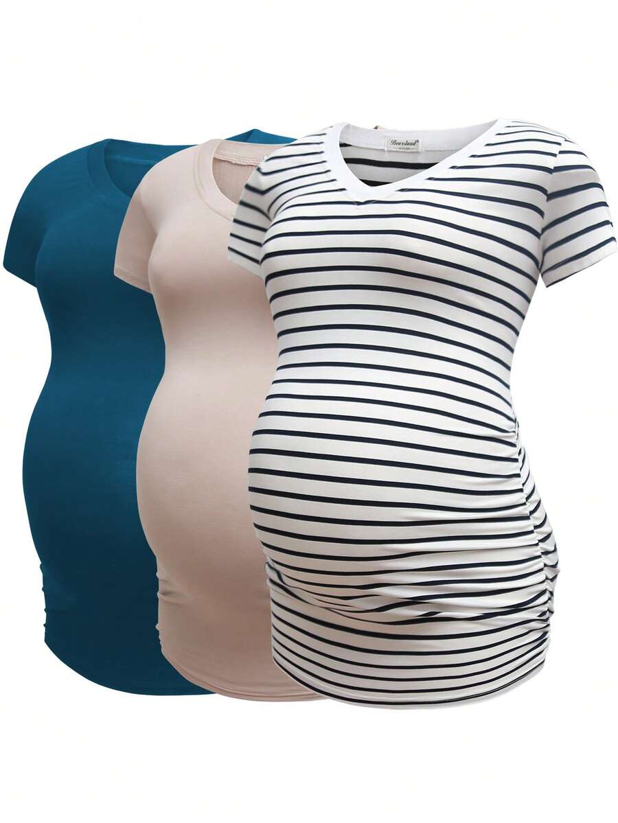 Maternity 3pcs/Set V Neck Short Sleeve T-Shirt For Summer - Dusty Blue - View 1