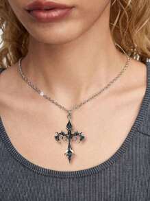 复古哥特式火焰吊坠项链 - 銀色 - 查看 2