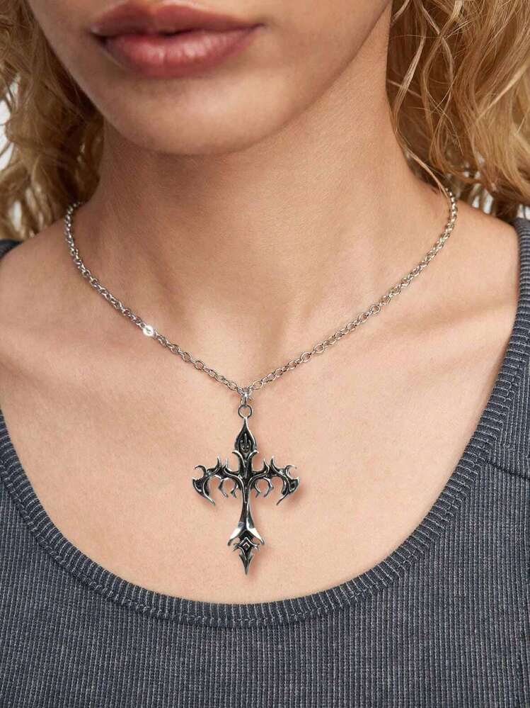 Retro Gothic Style Flame Cross Pendant Necklace | SHEIN USA