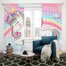 2pcs Rainbow Unicorn Print Curtain Set, Polyester, Semi-Blackout Curtains For Bedroom, Living Room, Study - Unicorn - View 5