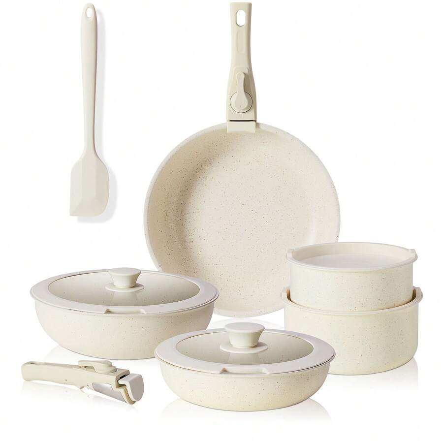 Sweetcrispy 12 Pcs Pots And Pans Set, Stackable Non-Stick Set, Nonstick - Kitchen Cookware Set With Detachable Handle, Induction Cookware, Oven, Beige