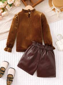 2pcs/Set Tween Girl Velvet Top & PU Leather Ruffle Shorts Elegant Party Outfit, Autumn - Brown - View 2