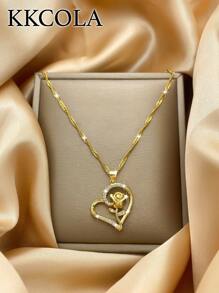 KKCOLA 1 chiếc vòng cổ trái tim đính đá và hoa trang trí bằng đồng trang sức ngày lễ tình nhân, mẹ, mẹ, ngày của mẹ, quà tặng - Vàng - Xem 5