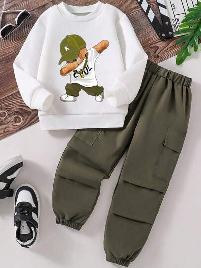 Conjunto de parte superior de manga larga con cuello redondo estampado de oso y pantalones de unicolor para niños preadolescentes