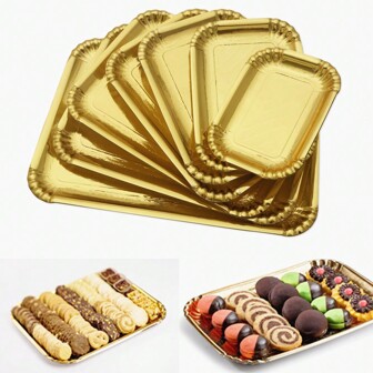 10pcs Gold Cake Tray Rectangle Cookie Tray, Heavy Duty Disposable Paper Cardboard For Platters, Greaseproof Cake Base Boards, Serving Trays For Elegant Dessert Table Cupcake Display Cake Decorating, For Birthday Party Wedding,Kitchen,Christmas Gift