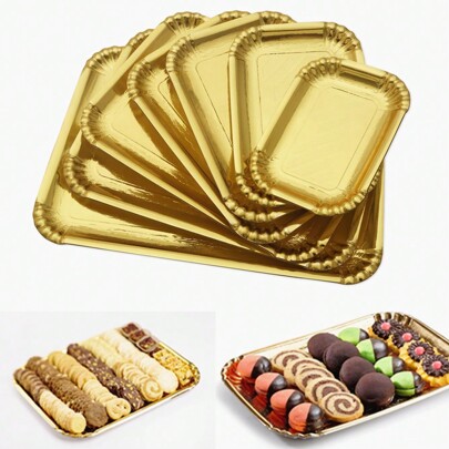 10pcs Gold Cake Tray Rectangle Cookie Tray, Heavy Duty Disposable Paper Cardboard For Platters, Greaseproof Cake Base Boards, Serving Trays For Elegant Dessert Table Cupcake Display Cake Decorating, For Birthday Party Wedding,Kitchen,Christmas Gift