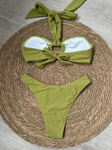 女士性感纯色露背比基尼套装，欧美风情夏日海滩