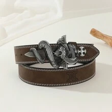 Western 男士新款蛇扣设计压花边皮带 - 鏽棕色 - 查看 1