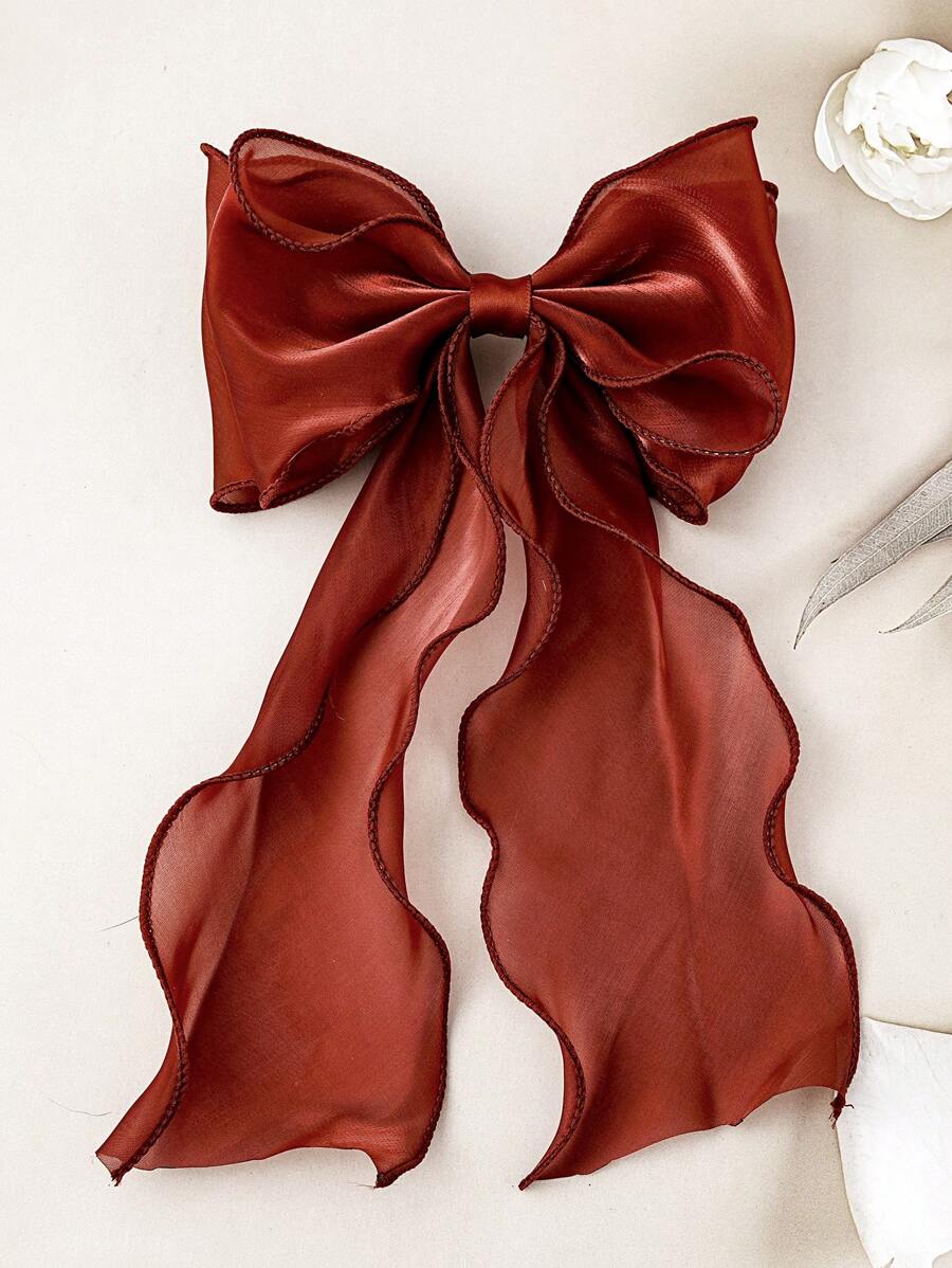 Mesh Ribbon Bow With Streamers Hair Clip For Girls' Back Head, Large Hairpin Hair Accessory Elegant - Red - View 1