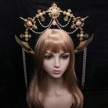 1pc Women's Golden Faux Pearl Chain Metal Lolita Angel Halo Sun Crown Headband, Suitable For Daily Wear, Cosplay, Photography Props Halloween