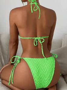 Spring/Summer New Solid Color Textured Fabric Bikini Set, Sexy Swimsuit Suitable For Beach & Vacation - Green - View 4