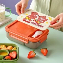 1 件卡通午餐盒，便携式，分隔式，密封，防漏，便携式午餐盒带浸料盒，餐具，学生午餐盒，厨房，圣诞礼物 - 彩色 - 查看 9
