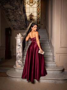 Long Bridesmaid Prom Debutante Party Dress Strapless Princess Style In Luxurious Satin-Free Fabric - 紅木色 - 查看 2