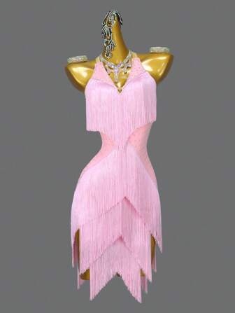 ABC Dancing New Pink Latin Dance Dress For Adults & Children, Sports Dance Party & Competition Fringed Skirt