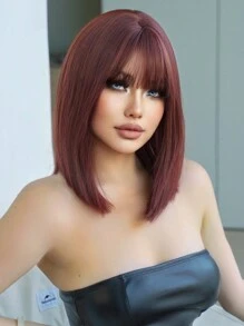 1-Piece Synthetic Heat Resistant Straight Hair With Bangs Wig Red 14  Inch Fully Machine Woven Daily Natural Realistic Wig