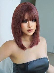 1-Piece Synthetic Heat Resistant Straight Hair With Bangs Wig Red 14  Inch Fully Machine Woven Daily Natural Realistic Wig
