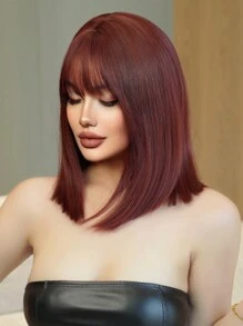 1-Piece Synthetic Heat Resistant Straight Hair With Bangs Wig Red 14  Inch Fully Machine Woven Daily Natural Realistic Wig