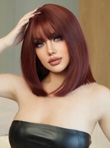 1-Piece Synthetic Heat Resistant Straight Hair With Bangs Wig Red 14  Inch Fully Machine Woven Daily Natural Realistic Wig