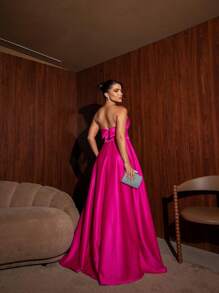 Long Bridesmaid Prom Debutante Party Dress Strapless Princess Style In Luxurious Satin-Free Fabric - 玫紅色 - 查看 2