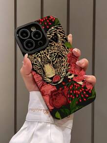 1 pieza Funda de teléfono suave con textura con diseño de tigre de flores rojas pasionales y estilo retro, compatible con iPhone y Samsung S15/S15+/S15Pro/S15ProMax - Multicolor - Ver 2