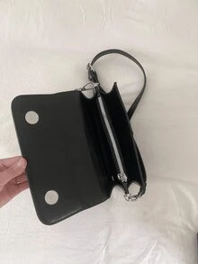 复古纹理黑色拼布女士斜挎包，时尚百搭 PU 皮革翻盖单肩包，简约日常通勤购物邮差包，复古户外度假旅行挎包钱包，宴会新款手机零钱包 - 黑色 - 查看 5