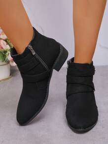 Autumn And Winter Fashion Boots With Pointed Comfortable Low Heel Side Zipper Buckle And Boots