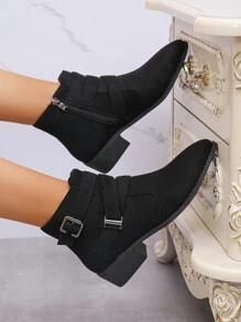 Autumn And Winter Fashion Boots With Pointed Comfortable Low Heel Side Zipper Buckle And Boots