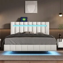 83inch X 64.6inch Queen Floating Bed Frame With LED Lights And USB Charging Modern Upholstered Platform LED Bed Frame, Multiple Light Color Adjustments White - trắng - Xem 1