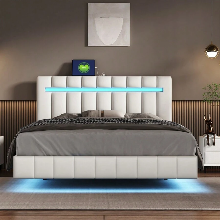 83inch X 64.6inch Queen Floating Bed Frame With LED Lights And USB Charging Modern Upholstered Platform LED Bed Frame, Multiple Light Color Adjustments White - trắng - Xem 1