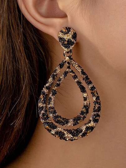 1 Pair Of Personalized European And American Style Double Layered Water Droplet Leopard Print Earrings Suitable For Daily Commuting And Banquet Activities