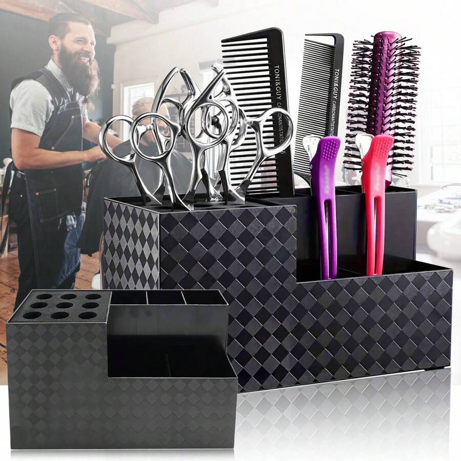 6格专业美发沙龙剪刀收纳盒，剪刀架，美发工具整理盒，可拆卸内衬，防滑底部（黑色、白色），美发造型工具、美发产品及配件，适用于沙龙、美容、旅行、返校、度假、女士发饰、梳子、美发用品 - 彩色 - 查看 1