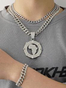 三件套嘻哈精美珠宝手链锌合金水钻时尚链条项链带手镯圆形地图吊坠男女通用 - 地圖 - 查看 2