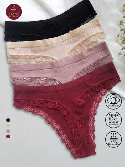 4pcs Women's Lace Thong Panties, High Elasticity, Solid Color, Simple And Comfortable, Breathable And Skin-Friendly Sexy T-Back