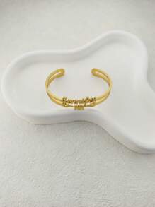 1pc Personalized Stainless Steel Double Layer Hollow Open Bangle Bracelet, Customized With Name & Heart Shaped Design, Adjustable, Suitable For Couples & Family Members, Ideal Gift - Golden Valentines