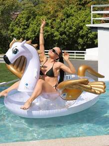 XL Size Inflatable Golden Pegasus Ride-On Float, Sequin Decoration, Multi-Person Thick Water Floating Swimming Ring, For Pool - White - View 3