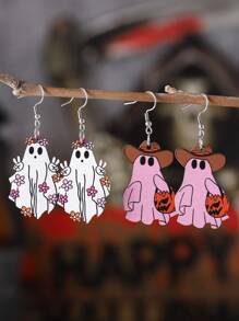 Vintage Western Cowgirl Double-Sided Ghost Pumpkin Floral Halloween Earrings, Wooden Material, Halloween Party Favors For Women