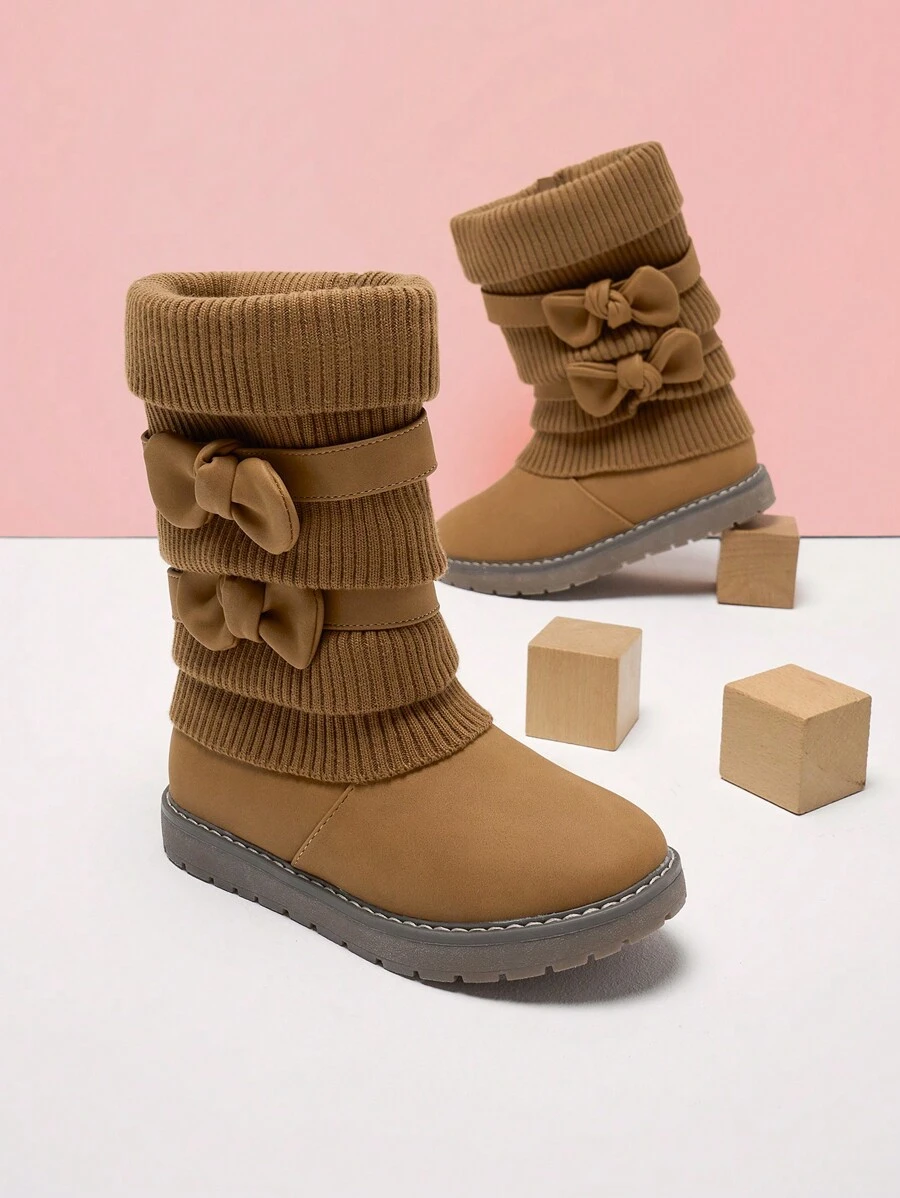 Girl's Mid Calf Snow Boots With Bow, Lined Warm & Comfortable Winter Boots - 駝色 - 查看 1