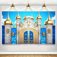 1 件皇家王子生日快乐派对背景横幅，82.7 * 59.1/59.1 * 39.4/39.4 * 29.5 英寸中世纪城堡生日装饰背景适用于生日派对、蛋糕桌横幅、拍照亭、蛋糕桌横幅派对背景装饰道具用品礼物 - 彩色 - 查看 1