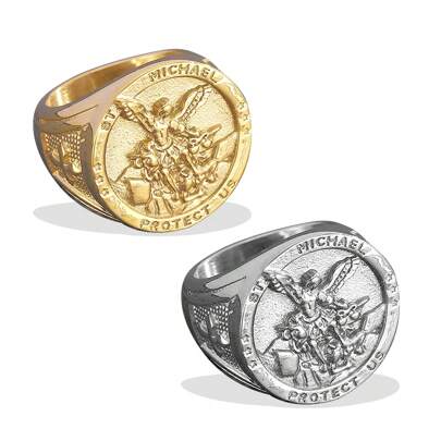 1pc New Arrival Hip-Hop Style Gold Plated Big Angel Demon Expelling Men's Ring, Stainless Steel Jewelry