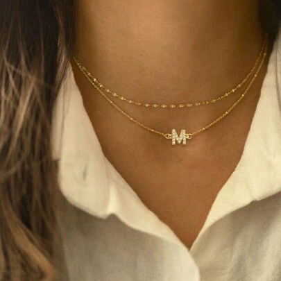 2件套新款字母吊坠不锈钢珠链项链套装，女士款