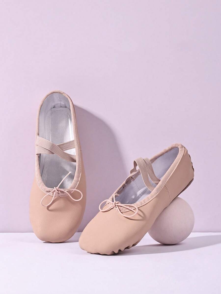新款粉色女士成人简约弹力带芭蕾平底鞋，时尚帆布芭蕾舞鞋，适合室内练习，PU 材质 - 藕粉色 - 查看 1
