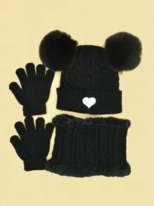 3pcs/Set Girls' Cute Heart Decor Fluffy Earmuffs With Dual Pompoms, Autumn/Winter - Love - View 9