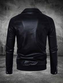 Men's Outdoor Motorcycle PU Leather Jacket, Shoulder Insert Racing Jacket, Autumn/Winter Sports Coat - Black - View 4