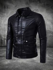 Men's Outdoor Motorcycle PU Leather Jacket, Shoulder Insert Racing Jacket, Autumn/Winter Sports Coat - Black - View 3