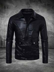 Men's Outdoor Motorcycle PU Leather Jacket, Shoulder Insert Racing Jacket, Autumn/Winter Sports Coat - Black - View 2